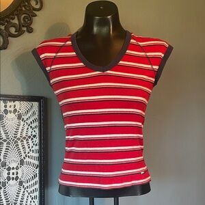 Tommy Hilfiger Red Striped Cap-Sleeve baby Tee with Navy Trim